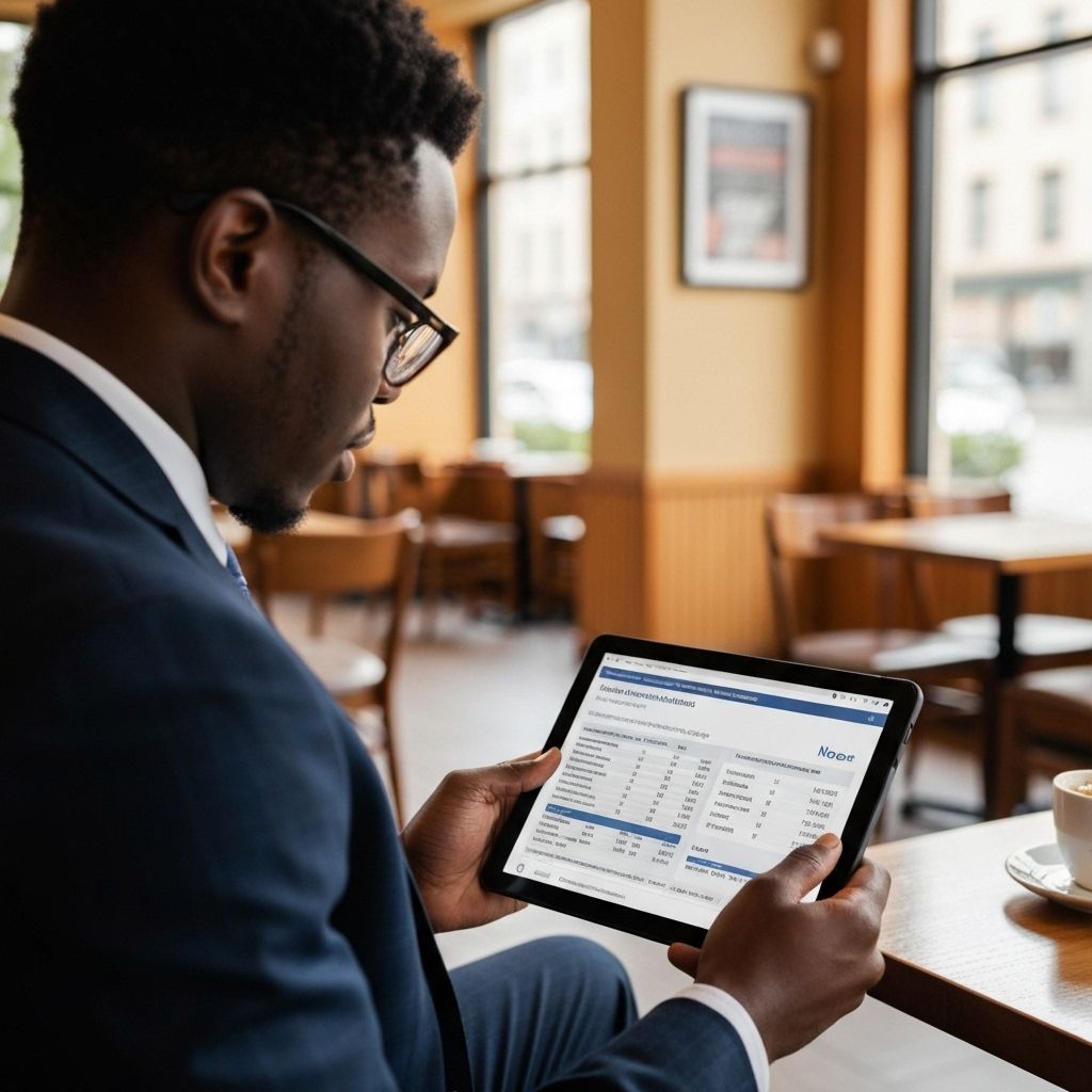 Black professional reviewing international bank statement with currency conversion notes on tablet