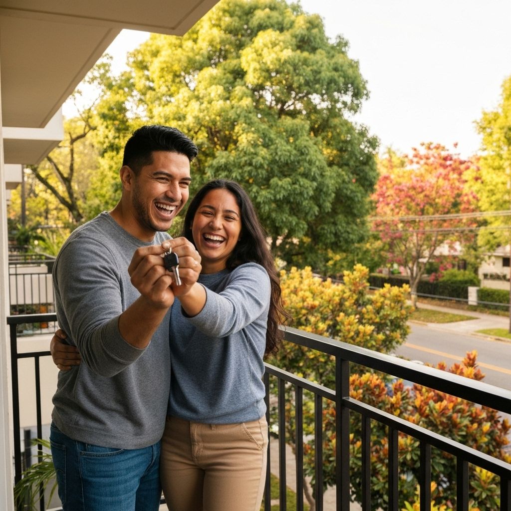 Latin American couple celebrating with keys on condo balcony overlooking leafy neighborhood