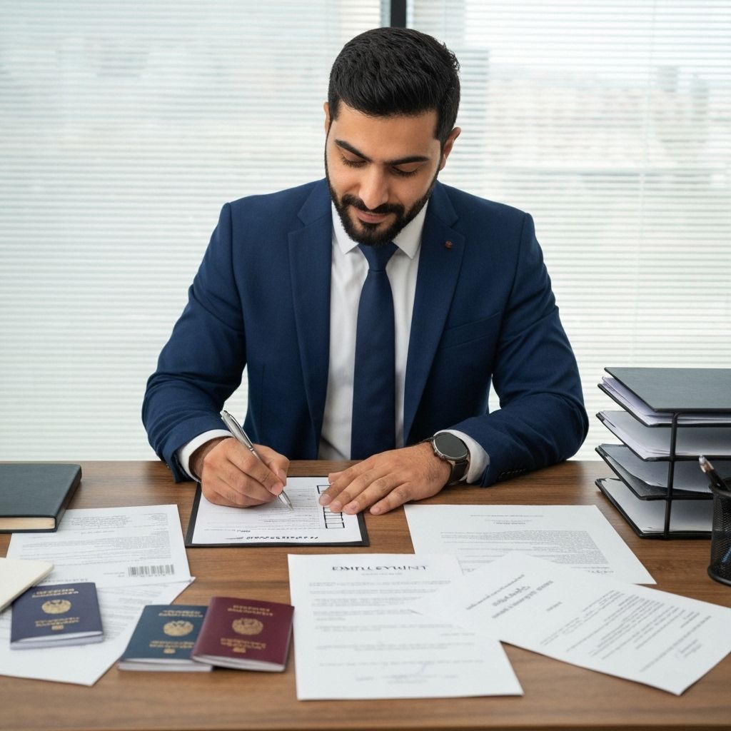 Middle Eastern professional organizing mortgage documents including passport and work permit at desk