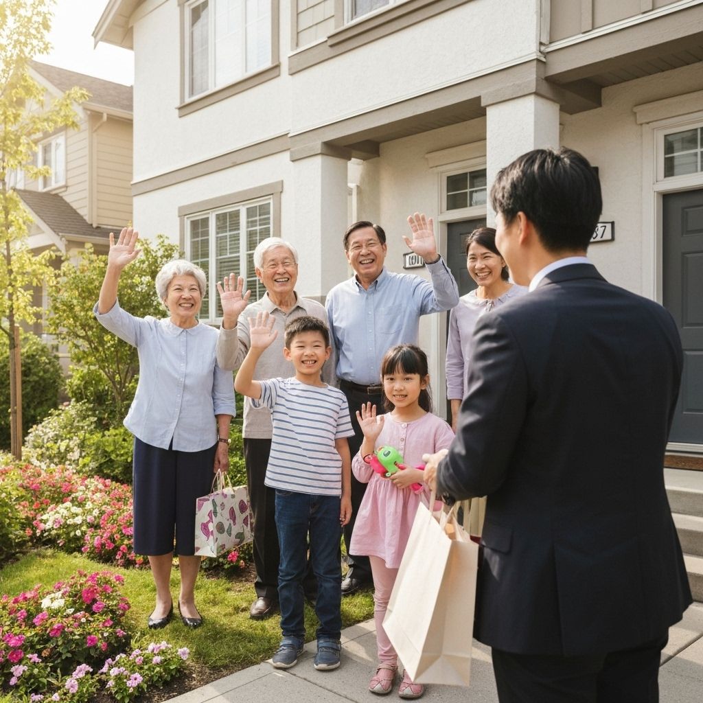 Multigenerational East Asian family with grandparents greeting realtor outside Surrey townhome