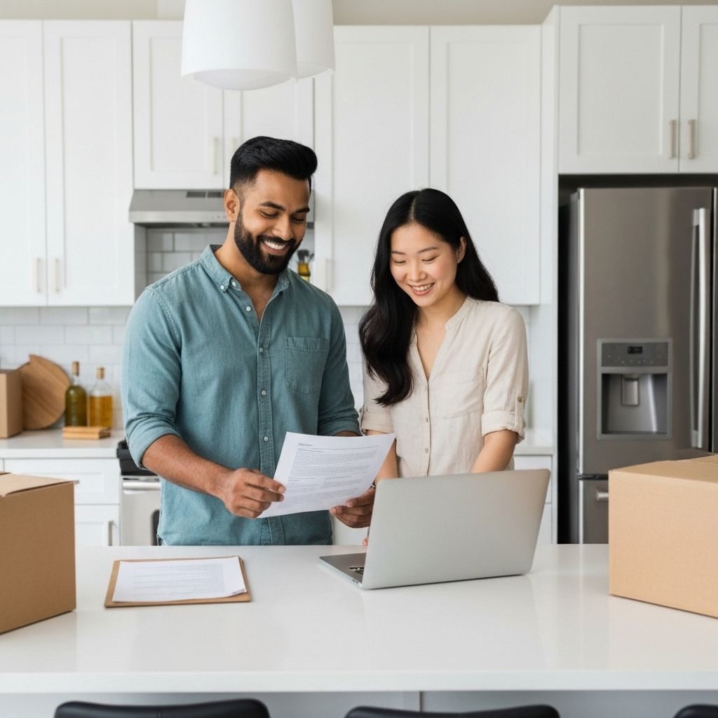 Diverse newcomer couple reviewing mortgage pre-approval on laptop in modern kitchen with moving boxes